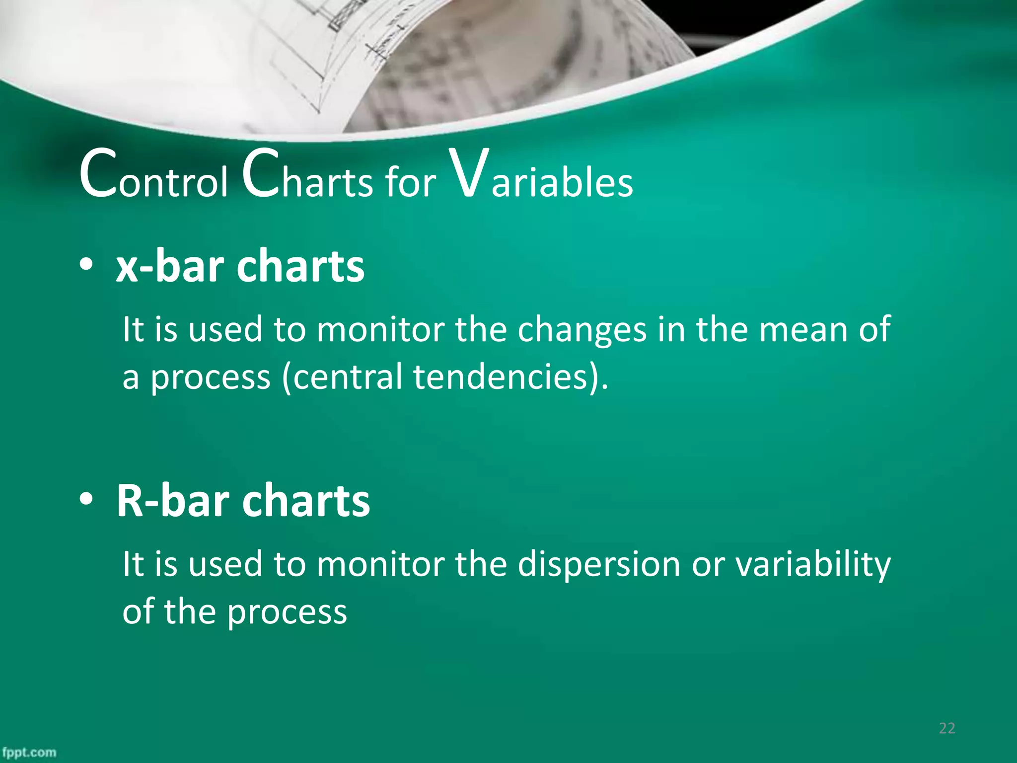 Control Charts for Variables
• x-bar charts
It is used to monitor the changes in the mean of
a process (central tendencies).
• R-bar charts
It is used to monitor the dispersion or variability
of the process
22
 