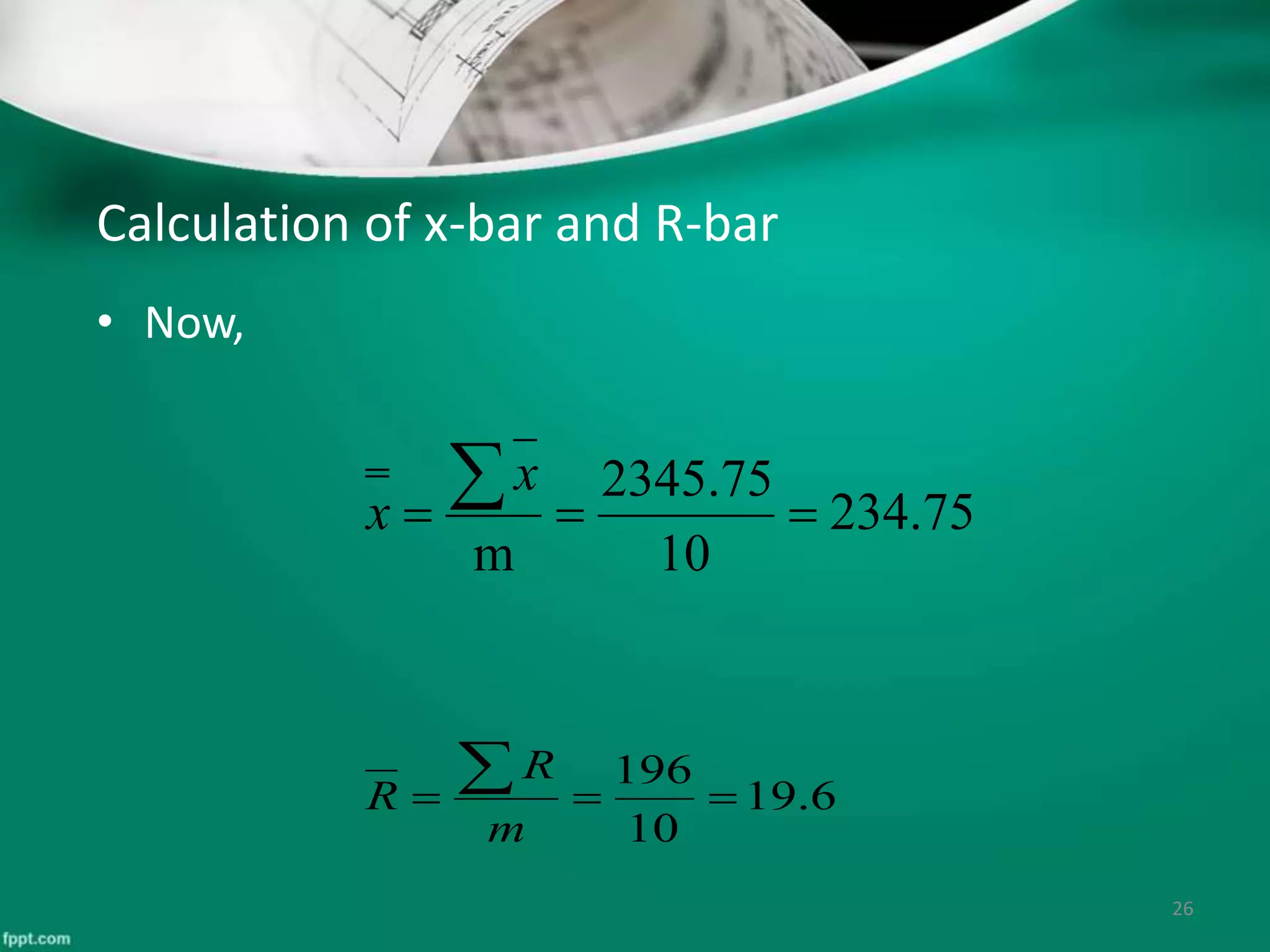 Calculation of x-bar and R-bar
• Now,
26
75.234
10
75.2345
m

x
x
6.19
10
196


m
R
R
 