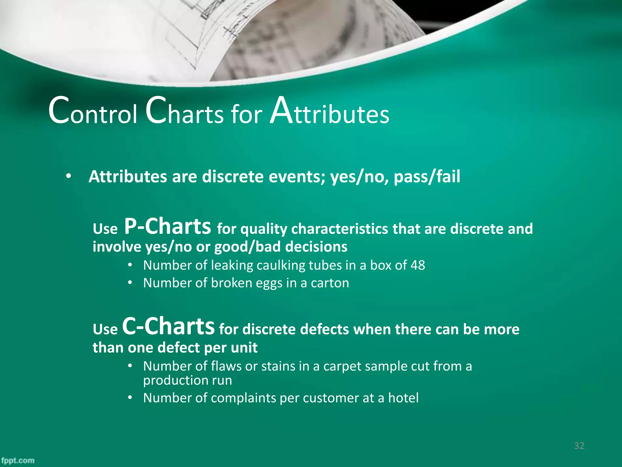 Control Charts for Attributes
• Attributes are discrete events; yes/no, pass/fail
Use P-Charts for quality characteristics that are discrete and
involve yes/no or good/bad decisions
• Number of leaking caulking tubes in a box of 48
• Number of broken eggs in a carton
Use C-Chartsfor discrete defects when there can be more
than one defect per unit
• Number of flaws or stains in a carpet sample cut from a
production run
• Number of complaints per customer at a hotel
32
 