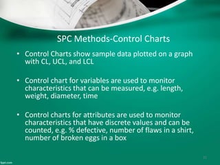 SPC Methods-Control Charts
• Control Charts show sample data plotted on a graph
with CL, UCL, and LCL
• Control chart for variables are used to monitor
characteristics that can be measured, e.g. length,
weight, diameter, time
• Control charts for attributes are used to monitor
characteristics that have discrete values and can be
counted, e.g. % defective, number of flaws in a shirt,
number of broken eggs in a box
21
 