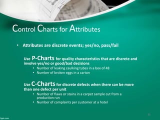 Control Charts for Attributes
• Attributes are discrete events; yes/no, pass/fail
Use P-Charts for quality characteristics that are discrete and
involve yes/no or good/bad decisions
• Number of leaking caulking tubes in a box of 48
• Number of broken eggs in a carton
Use C-Chartsfor discrete defects when there can be more
than one defect per unit
• Number of flaws or stains in a carpet sample cut from a
production run
• Number of complaints per customer at a hotel
32
 