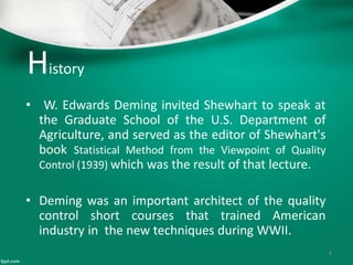 History
• W. Edwards Deming invited Shewhart to speak at
the Graduate School of the U.S. Department of
Agriculture, and served as the editor of Shewhart's
book Statistical Method from the Viewpoint of Quality
Control (1939) which was the result of that lecture.
• Deming was an important architect of the quality
control short courses that trained American
industry in the new techniques during WWII.
4
 