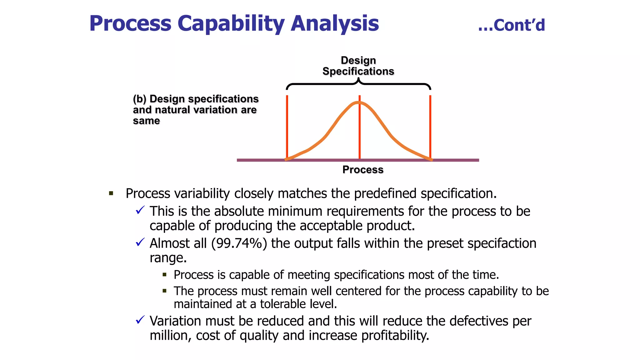 Process Capability Analysis …Cont’d
 Process variability closely matches the predefined specification.
 This is the absolute minimum requirements for the process to be
capable of producing the acceptable product.
 Almost all (99.74%) the output falls within the preset specifaction
range.
 Process is capable of meeting specifications most of the time.
 The process must remain well centered for the process capability to be
maintained at a tolerable level.
 Variation must be reduced and this will reduce the defectives per
million, cost of quality and increase profitability.
(b) Design specifications
and natural variation are
same
Design
Specifications
Process
 