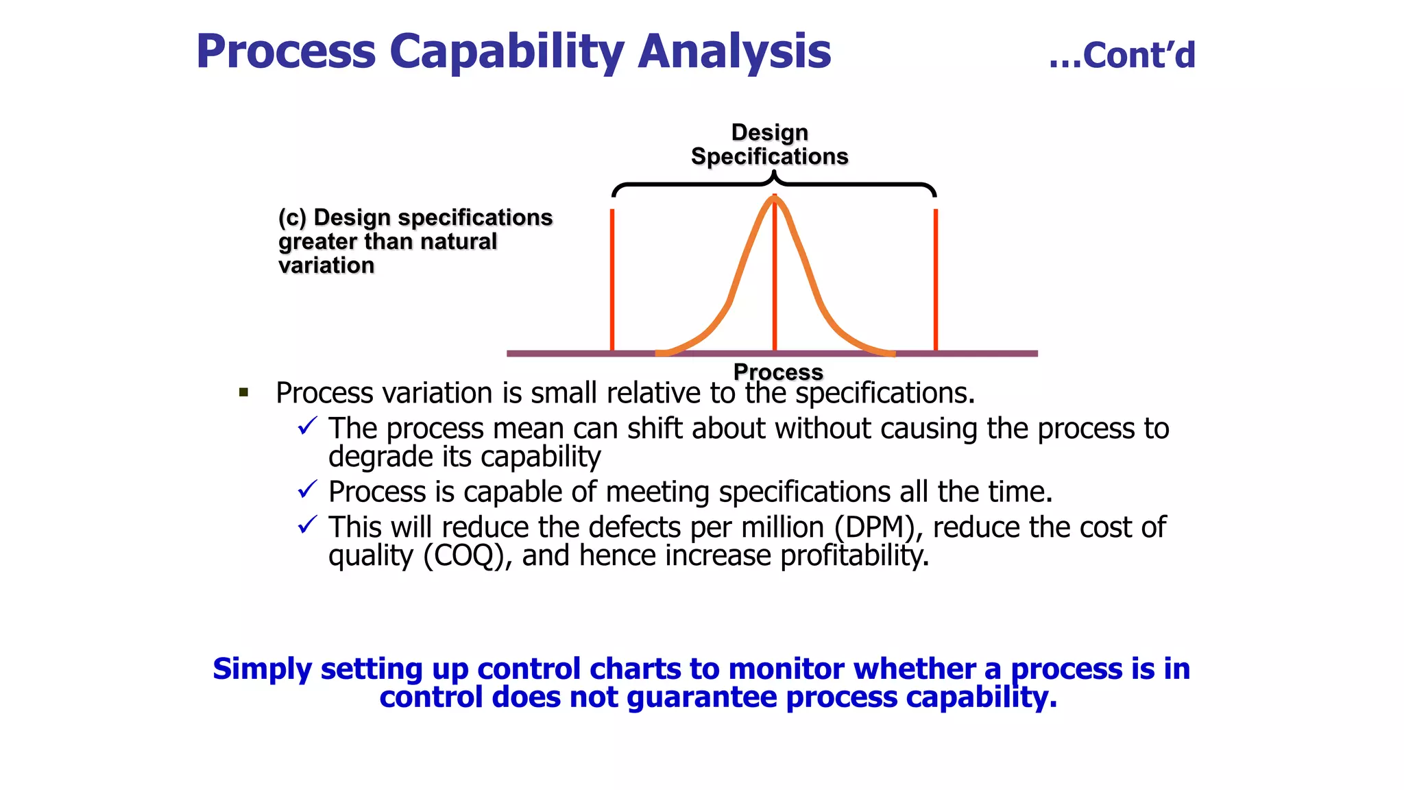 Process Capability Analysis …Cont’d
 Process variation is small relative to the specifications.
 The process mean can shift about without causing the process to
degrade its capability
 Process is capable of meeting specifications all the time.
 This will reduce the defects per million (DPM), reduce the cost of
quality (COQ), and hence increase profitability.
Simply setting up control charts to monitor whether a process is in
control does not guarantee process capability.
(c) Design specifications
greater than natural
variation
Design
Specifications
Process
 