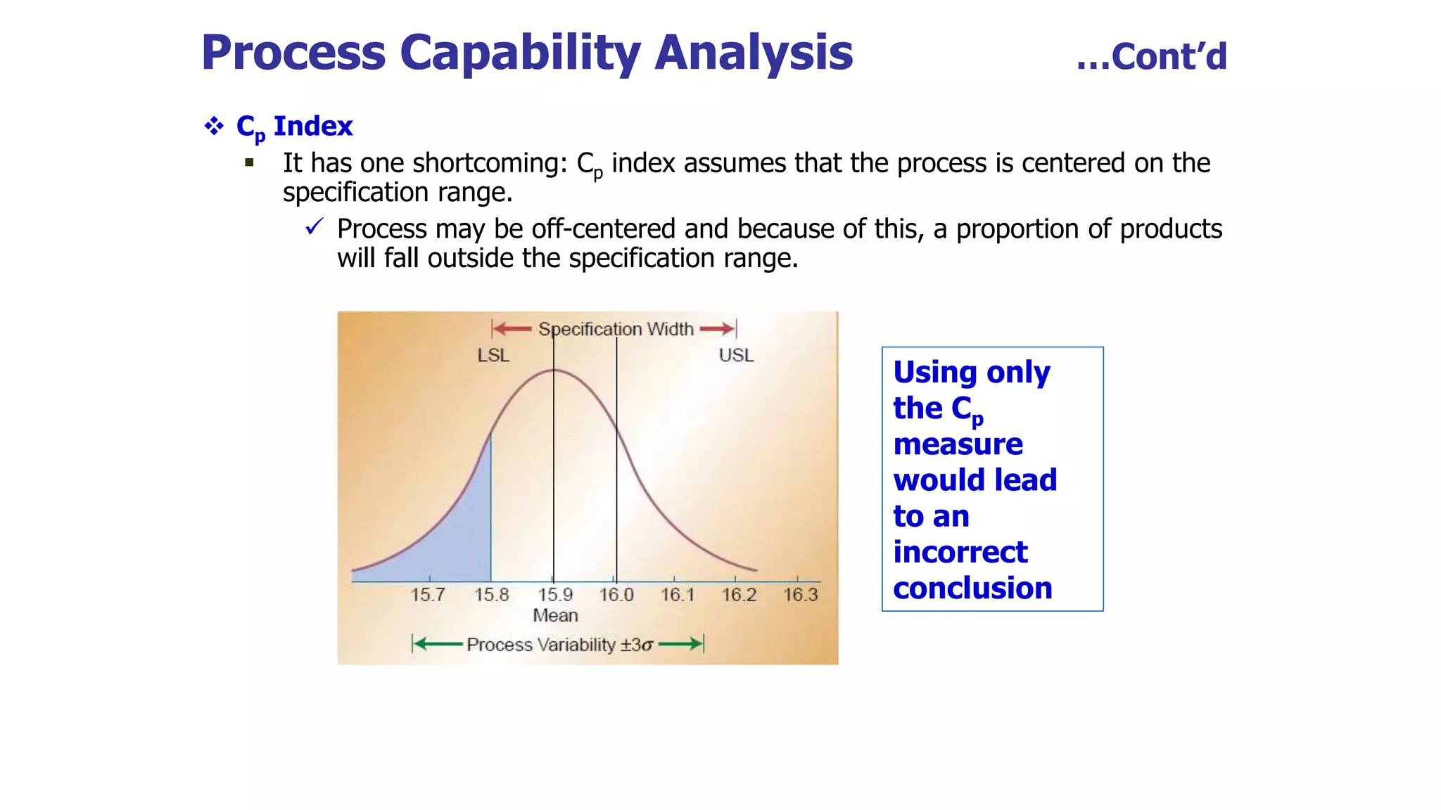 Process Capability Analysis …Cont’d
 Cp Index
 It has one shortcoming: Cp index assumes that the process is centered on the
specification range.
 Process may be off-centered and because of this, a proportion of products
will fall outside the specification range.
Using only
the Cp
measure
would lead
to an
incorrect
conclusion
 