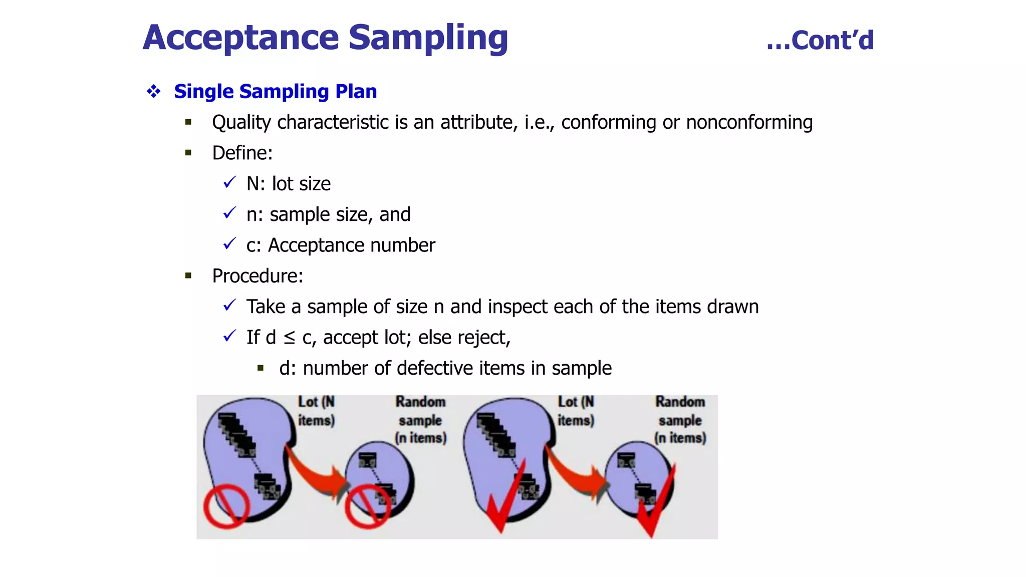 Acceptance Sampling …Cont’d
 Single Sampling Plan
 Quality characteristic is an attribute, i.e., conforming or nonconforming
 Define:
 N: lot size
 n: sample size, and
 c: Acceptance number
 Procedure:
 Take a sample of size n and inspect each of the items drawn
 If d ≤ c, accept lot; else reject,
 d: number of defective items in sample
 