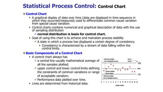 Statistical Process Control: Control Chart
Control Chart
 A graphical display of data over time (data are displayed in time sequence in
which they occurred/measured) used to differentiate common cause variation
from special cause variation.
 Control charts combine numerical and graphical description of data with the use
of sampling distribution
 normal distribution is basis for control chart.
 Goal of using this chart is to achieve and mainatain process stability
 A state in which a process has displayed a certain degree of consistency
 Consistency is characterized by a stream of data falling within the
control limits.
Basic Components of a Control Chart
 A control chart always has
 a central line usually mathematical average of
all the samples plotted;
 upper control and lower control limits defining
the constraints of common variations or range
of acceptable variation;
 Performance data plotted over time.
 Lines are determined from historical data.
 