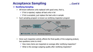 Acceptance Sampling …Cont’d
 Rectifying Sampling
 All known defective units replaced with good ones, that is,
 If lot is rejected, replace all bad units in lot
 If lot is accepted, just replace the bad units in sample
 Such sampling program is known as rectifying inspection program
 Since such inspection activity affects the final quality of the outgoing product,
two questions come to mind :
 How many items are inspected on average after rectifying inspection?
 What is the average outgoing quality after rectifying inspection?
 