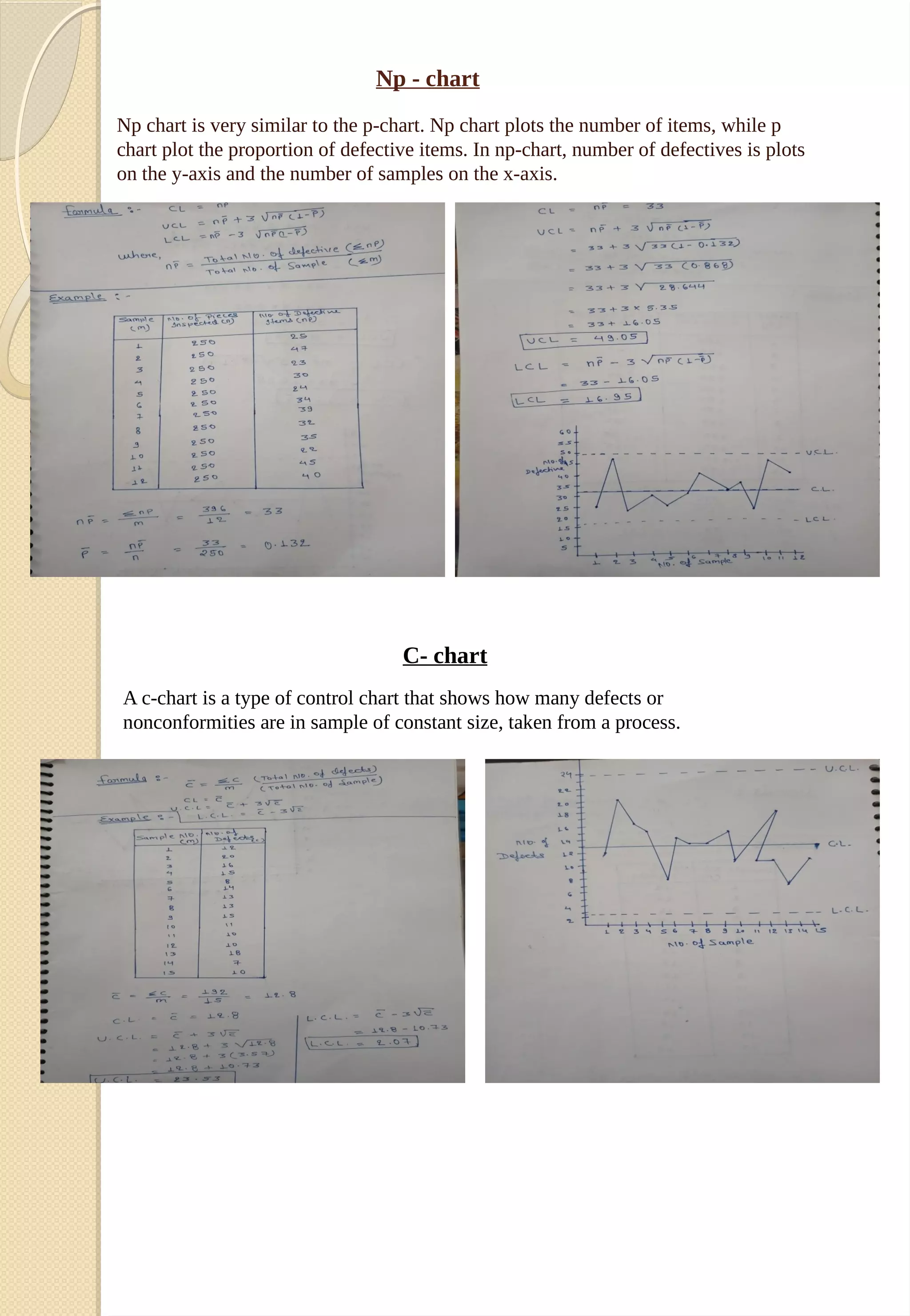 Np - chart
Np chart is very similar to the p-chart. Np chart plots the number of items, while p
chart plot the proportion of defective items. In np-chart, number of defectives is plots
on the y-axis and the number of samples on the x-axis.
C- chart
A c-chart is a type of control chart that shows how many defects or
nonconformities are in sample of constant size, taken from a process.
 