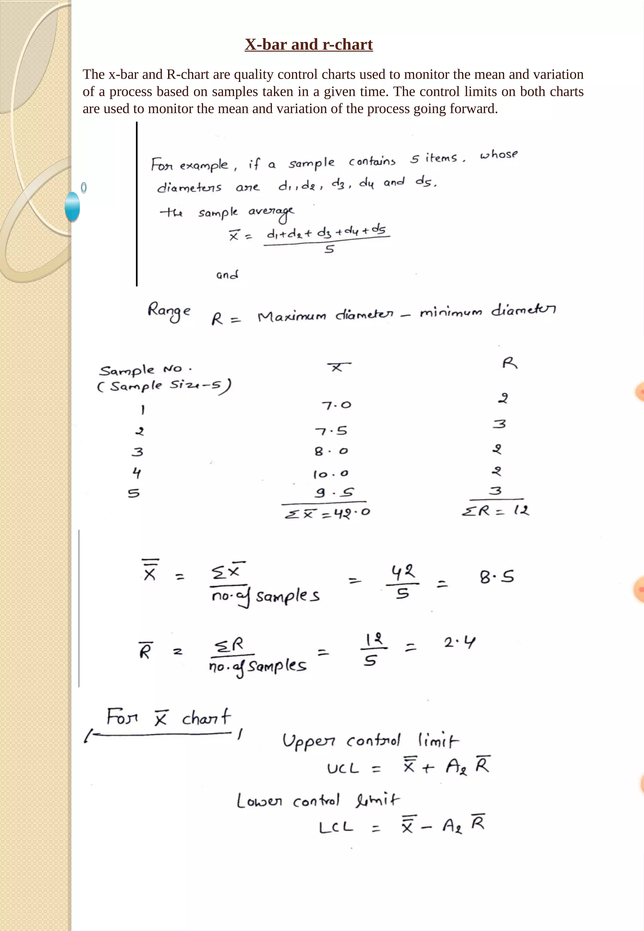 X-bar and r-chart
The x-bar and R-chart are quality control charts used to monitor the mean and variation
of a process based on samples taken in a given time. The control limits on both charts
are used to monitor the mean and variation of the process going forward.
 