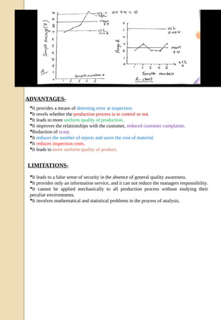 ADVANTAGES-
It provides a means of detecting error at inspection.
It revels whether the production process is in control or not.
It leads to more uniform quality of production.
It improves the relationships with the customer, reduced customer complaints.
Reduction of scarp.
It reduces the number of rejects and saves the cost of material.
It reduces inspection costs.
It leads to more uniform quality of product.
It leads to a false sense of security in the absence of general quality awareness.
It provides only an information service, and it can not reduce the managers responsibility.
It cannot be applied mechanically to all production process without studying their
peculiar environments.
It involves mathematical and statistical problems in the process of analysis.
LIMITATIONS-
 