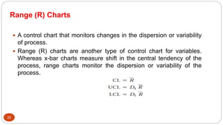 Range (R) Charts
22
 A control chart that monitors changes in the dispersion or variability
of process.
 Range (R) charts are another type of control chart for variables.
Whereas x-bar charts measure shift in the central tendency of the
process, range charts monitor the dispersion or variability of the
process.
 