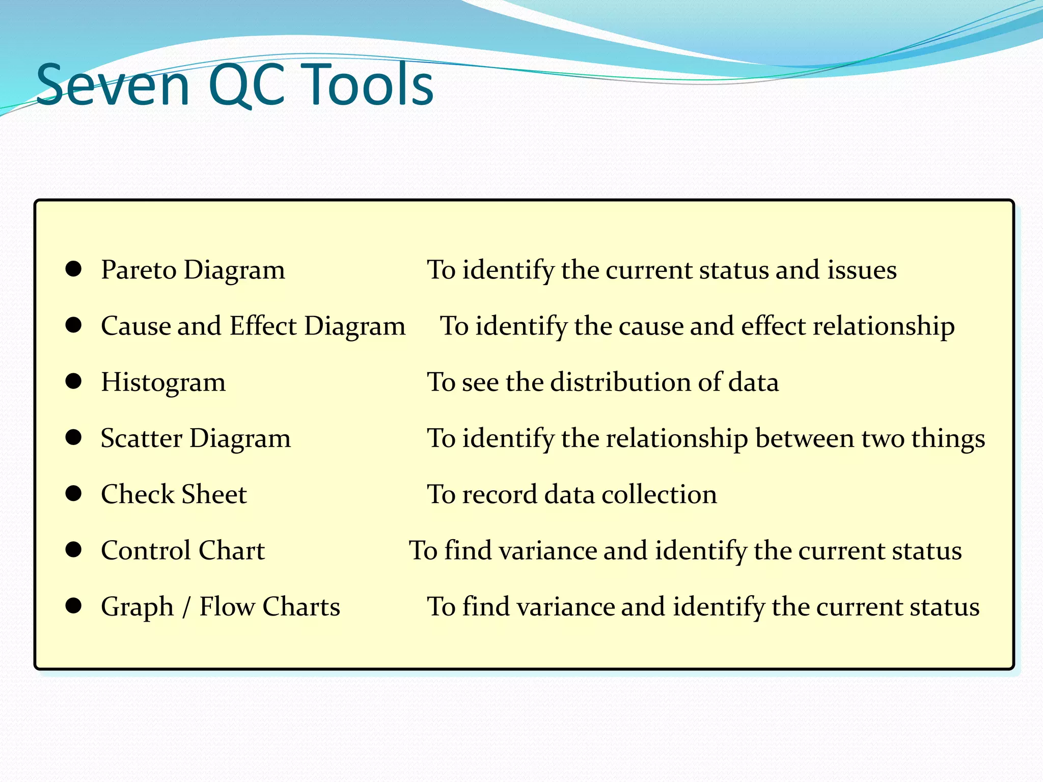 Seven QC Tools
 Pareto Diagram To identify the current status and issues
 Cause and Effect Diagram To identify the cause and effect relationship
 Histogram To see the distribution of data
 Scatter Diagram To identify the relationship between two things
 Check Sheet To record data collection
 Control Chart To find variance and identify the current status
 Graph / Flow Charts To find variance and identify the current status
 