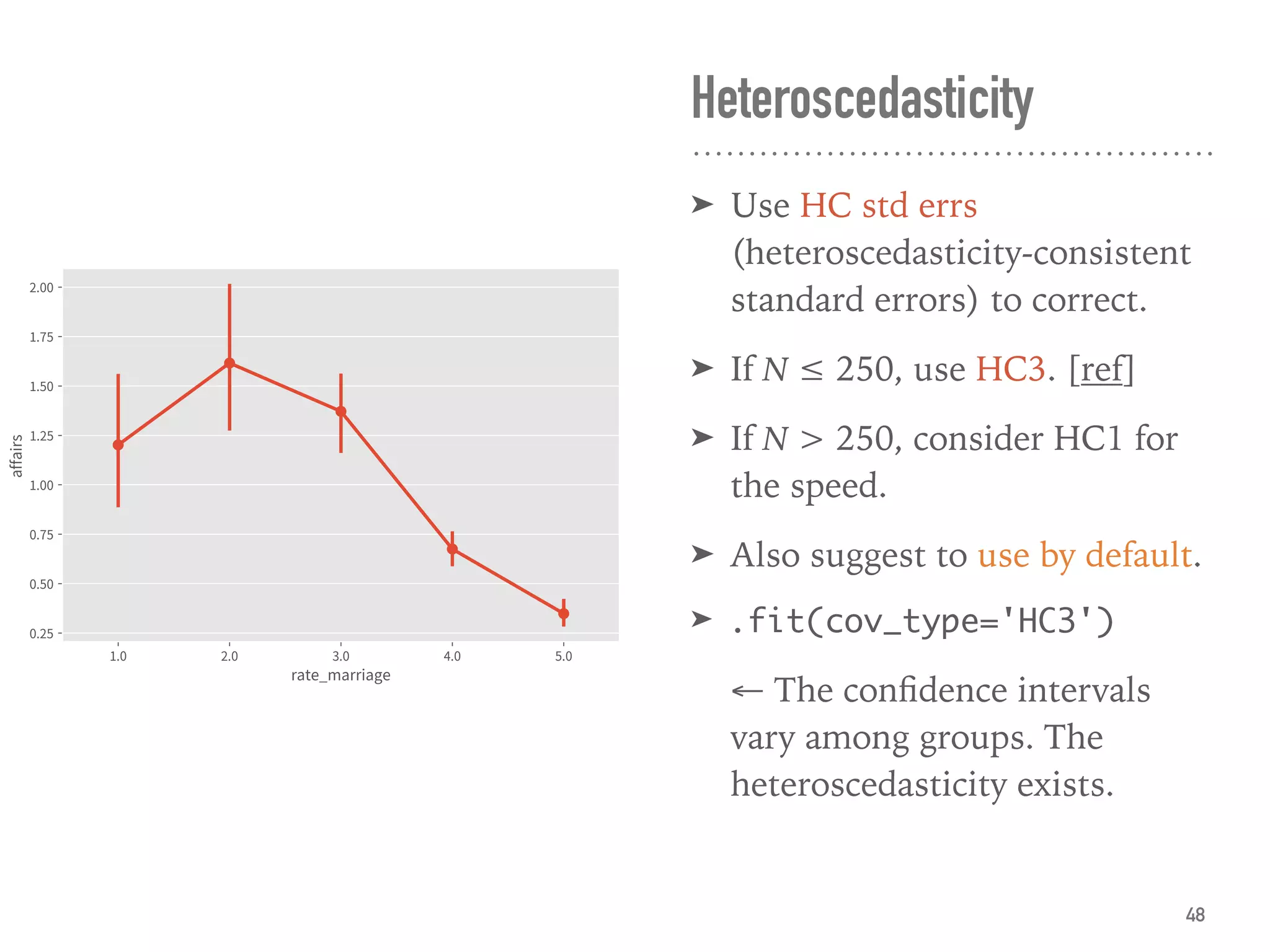 ➤ Use HC std errs
(heteroscedasticity-consistent
standard errors) to correct.
➤ If N ≤ 250, use HC3. [ref]
➤ If N > 250, consider HC1 for
the speed.
➤ Also suggest to use by default.
➤ .fit(cov_type='HC3')
← The conﬁdence intervals
vary among groups. The
heteroscedasticity exists.
Heteroscedasticity
48
 