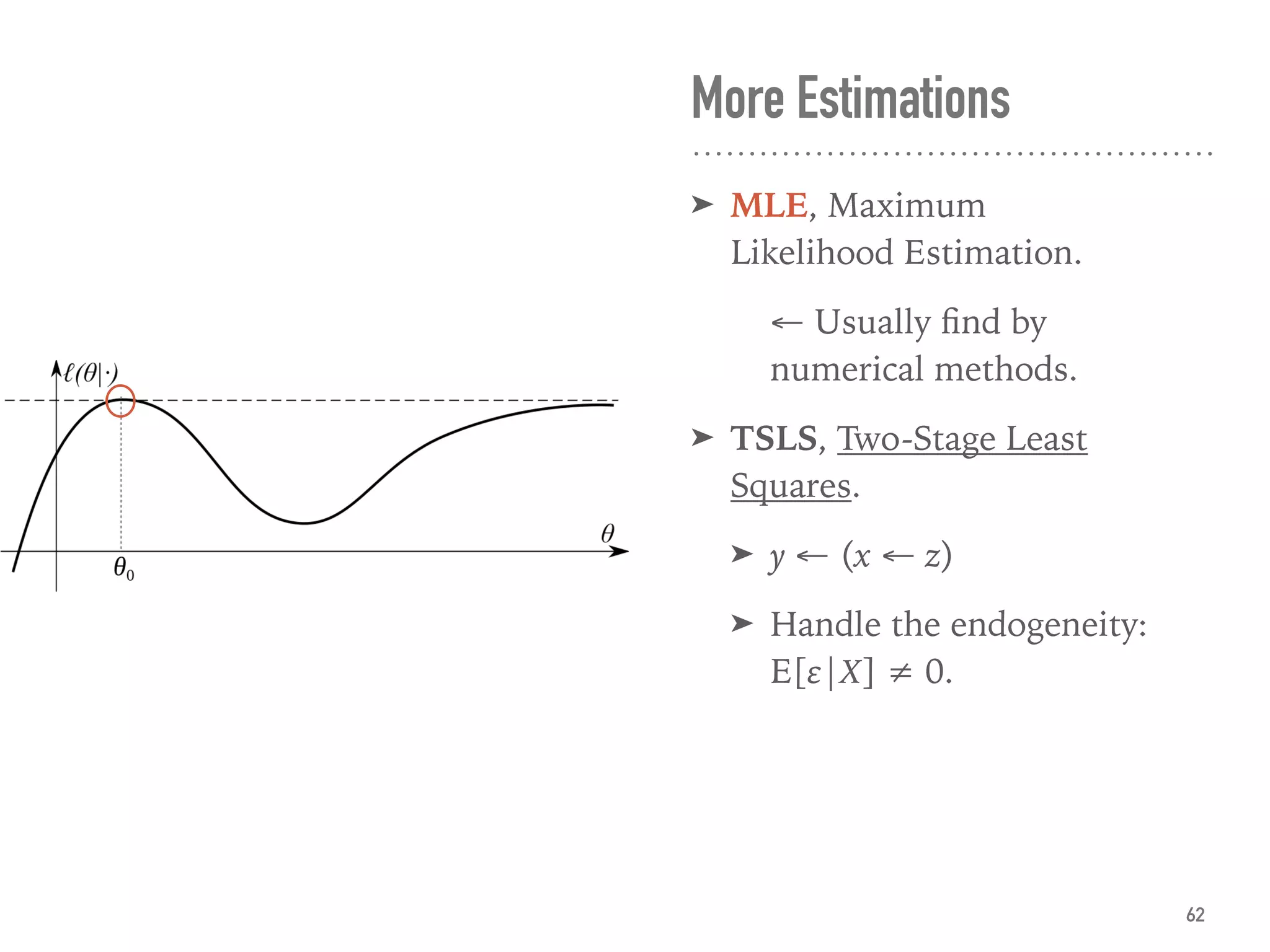 More Estimations
➤ MLE, Maximum
Likelihood Estimation.
← Usually ﬁnd by
numerical methods.
➤ TSLS, Two-Stage Least
Squares.
➤ y ← (x ← z)
➤ Handle the endogeneity:
E[ε|X] ≠ 0.
62
 