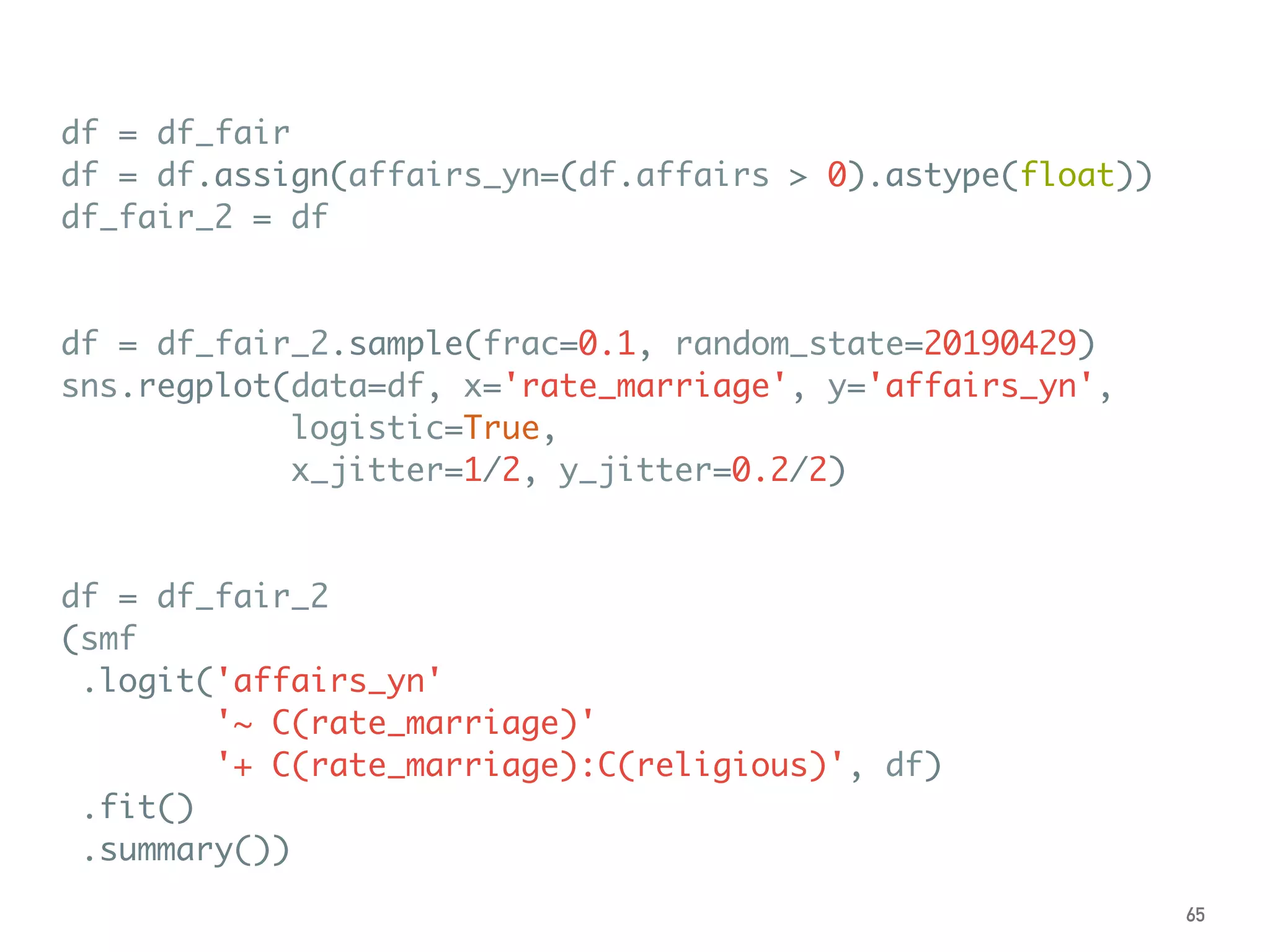 df = df_fair
df = df.assign(affairs_yn=(df.affairs > 0).astype(float))
df_fair_2 = df
df = df_fair_2.sample(frac=0.1, random_state=20190429)
sns.regplot(data=df, x='rate_marriage', y='affairs_yn',
logistic=True,
x_jitter=1/2, y_jitter=0.2/2)
df = df_fair_2
(smf
.logit('affairs_yn'
'~ C(rate_marriage)'
'+ C(rate_marriage):C(religious)', df)
.fit()
.summary())
65
 