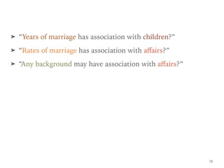 ➤ “Years of marriage has association with children?”
➤ “Rates of marriage has association with aﬀairs?”
➤ “Any background may have association with aﬀairs?”
10
 