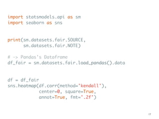 import statsmodels.api as sm
import seaborn as sns
print(sm.datasets.fair.SOURCE,
sm.datasets.fair.NOTE)
# -> Pandas's Dataframe
df_fair = sm.datasets.fair.load_pandas().data
df = df_fair
sns.heatmap(df.corr(method='kendall'),
center=0, square=True,
annot=True, fmt='.2f')
17
 