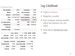 Log-Likelihood
➤ Higher is better.
➤ Negative, usually.
➤ Can compare among models
when the datasets are the
same.
➤ Also check likelihood-ratio
test.
26
 