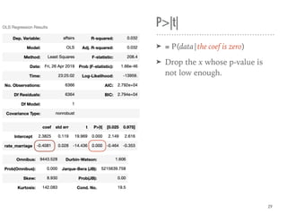 P>|t|
➤ ≡ P(data|the coef is zero)
➤ Drop the x whose p-value is
not low enough.
29
 