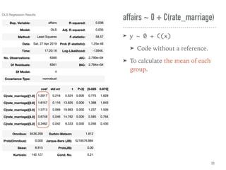 affairs ~ 0 + C(rate_marriage)
➤ y ~ 0 + C(x)
➤ Code without a reference.
➤ To calculate the mean of each
group.
33
 