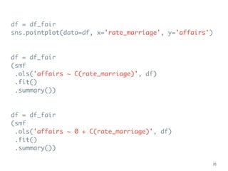 df = df_fair
sns.pointplot(data=df, x='rate_marriage', y='affairs')
df = df_fair
(smf
.ols('affairs ~ C(rate_marriage)', df)
.fit()
.summary())
df = df_fair
(smf
.ols('affairs ~ 0 + C(rate_marriage)', df)
.fit()
.summary())
35
 