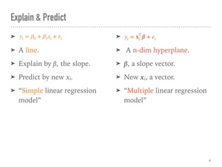 Explain & Predict
➤
➤ A line.
➤ Explain by β, the slope.
➤ Predict by new xi.
➤ “Simple linear regression
model”
➤
➤ A n-dim hyperplane.
➤ β, a slope vector.
➤ New xi, a vector.
➤ “Multiple linear regression
model”
4
yi = β0 + β1xi + εi yi = x 𝖳
i β + εi
 