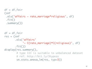 df = df_fair
(smf
.ols('affairs ~ rate_marriage*religious', df)
.fit()
.summary())
df = df_fair
res = (smf
.ols('affairs'
'~ C(rate_marriage)*C(religious)', df)
.fit())
display(res.summary(),
# type III is suitable to unbalanced dataset
# ref: http://bit.ly/3typess
sm.stats.anova_lm(res, typ=3))
42
 