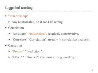 Suggested Wording
➤ “Relationship”
➤ Any relationship, so it can't be wrong.
➤ Correlation
➤ “Associate” “Association”, relatively conservative.
➤ “Correlate” “Correlation”, usually in correlation analysis.
➤ Causation
➤ “Predict” “Prediction”.
➤ “Aﬀect” “Inﬂuence”, the most strong wording.
60
 