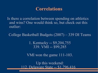 Correlations Is there a correlation between spending on athletics and wins? One would think so, but check out this outlier: College Basketball Budgets (2007) – 339 DI Teams 1. Kentucky -- $9,204,755 339. VMI -- $99,285 VMI won the game 111-103. Up this weekend: 112. Delaware State -- $1,796,416 