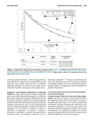 censoring indicator reversed.17
This method provides a
more appropriate estimate of the median follow-up time
than the crude median follow-up time of survivors.
Additional guidelines on time-to-event analysis will be
discussed in another manuscript in this special series.
Prognostic and Predictive Biomarkers in Oncology
Studies. In studies that evaluate treatment impact, the
goals may include discovering prognostic or predictive
biomarkers. Prognostic biomarkers identify patients who
have better outcomes regardless of treatment, whereas
predictive biomarkers identify patients who beneﬁt from
treatment (versus those who do not). Illustrating that
there is a statistically signiﬁcant association between the
biomarker and the outcome is sufﬁcient to declare a
biomarker as prognostic. In contrast, to declare a
biomarker as predictive, it must be illustrated that the
biomarker status and treatment interaction term is
statistically signiﬁcant.18,19
Because the interaction be-
tween the biomarker status and treatment is required
for modeling, a single-arm trial or a trial with biomarker-
selected patients is inappropriate for the evaluation of
predictive biomarkers.
In the Conclusion Section and the Interpretation
of Statistical Results
p Value Greater Than 0.05 Does Not Mean Equiv-
alence. Care must be taken to ensure that conclusions
are supported by the results of the study. If a p value is
not statistically signiﬁcant, it can only be concluded that
no difference between the groups was observed. A non-
statistically signiﬁcant p value does not support the
conclusion that the two groups are similar; this can only
be concluded if the study were designed to evaluate
equivalence (please refer to the article on clinical versus
statistical signiﬁcance in this special series).20
Event/Total Median
(95% CI)a
Survival EsƟmates
(95% CI)a
Group
Group A 155/200 2.2 (1.9–2.6) 2 years: 55.0 (48.3–62.6%)
4 years: 25.7 (19.7–33.5%)
Group B 118/200 3.3 (2.5–4.5) 2 years: 59.3 (52.5–67.0%)
4 years: 42.2 (35.0–51.0%)
❺
❽
❾
Figure 1. A Kaplan-Meier plot of OS for two groups of patients. Refer to Table 1 for details about ❶ to ❾. A SAS macro is
available to generate the Kaplan-Meier plot revealed (please refer to https://communities.sas.com/t5/SAS-Communities-
Library/Kaplan-Meier-Survival-Plotting-Macro-NEWSURV/ta-p/479747). a
Kaplan-Meier method. CI, conﬁdence interval; KM,
Kaplan-Meier; OS, overall survival.
November 2020 Guidelines for Statistical Reporting 1725
 