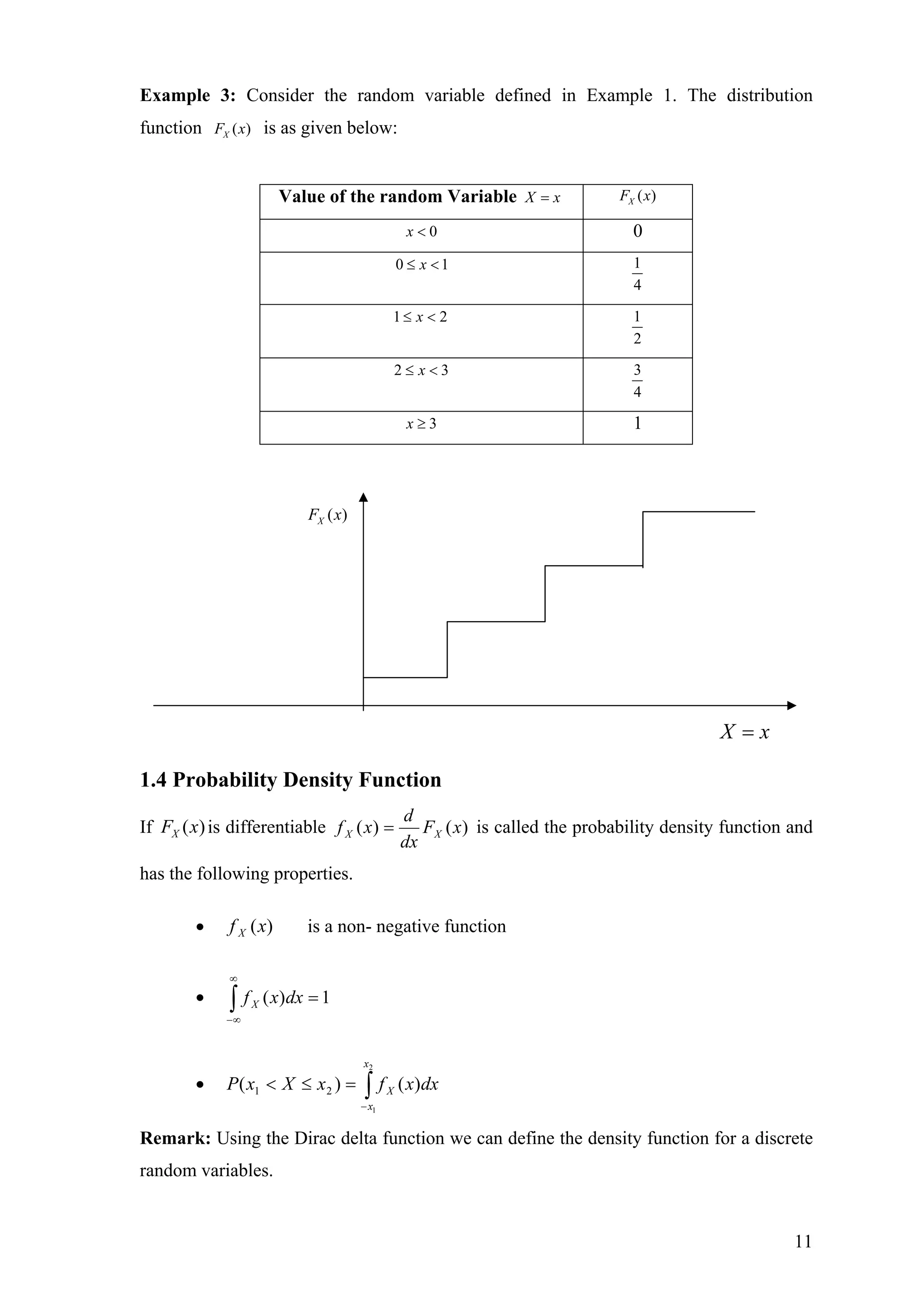 Example 3: Consider the random variable defined in Example 1. The distribution
function ( )XF x is as given below:
Value of the random Variable X x= ( )XF x
0x < 0
0 1x≤ < 1
4
1 2x≤ < 1
2
2 3x≤ < 3
4
3x ≥ 1
( )XF x
X x=
1.4 Probability Density Function
If is differentiable)(xFX )()( xF
dx
d
xf XX = is called the probability density function and
has the following properties.
• is a non- negative function)(xf X
• ∫
∞
∞−
= 1)( dxxfX
• ∫−
=≤<
2
1
)()( 21
x
x
X dxxfxXxP
Remark: Using the Dirac delta function we can define the density function for a discrete
random variables.
11
 