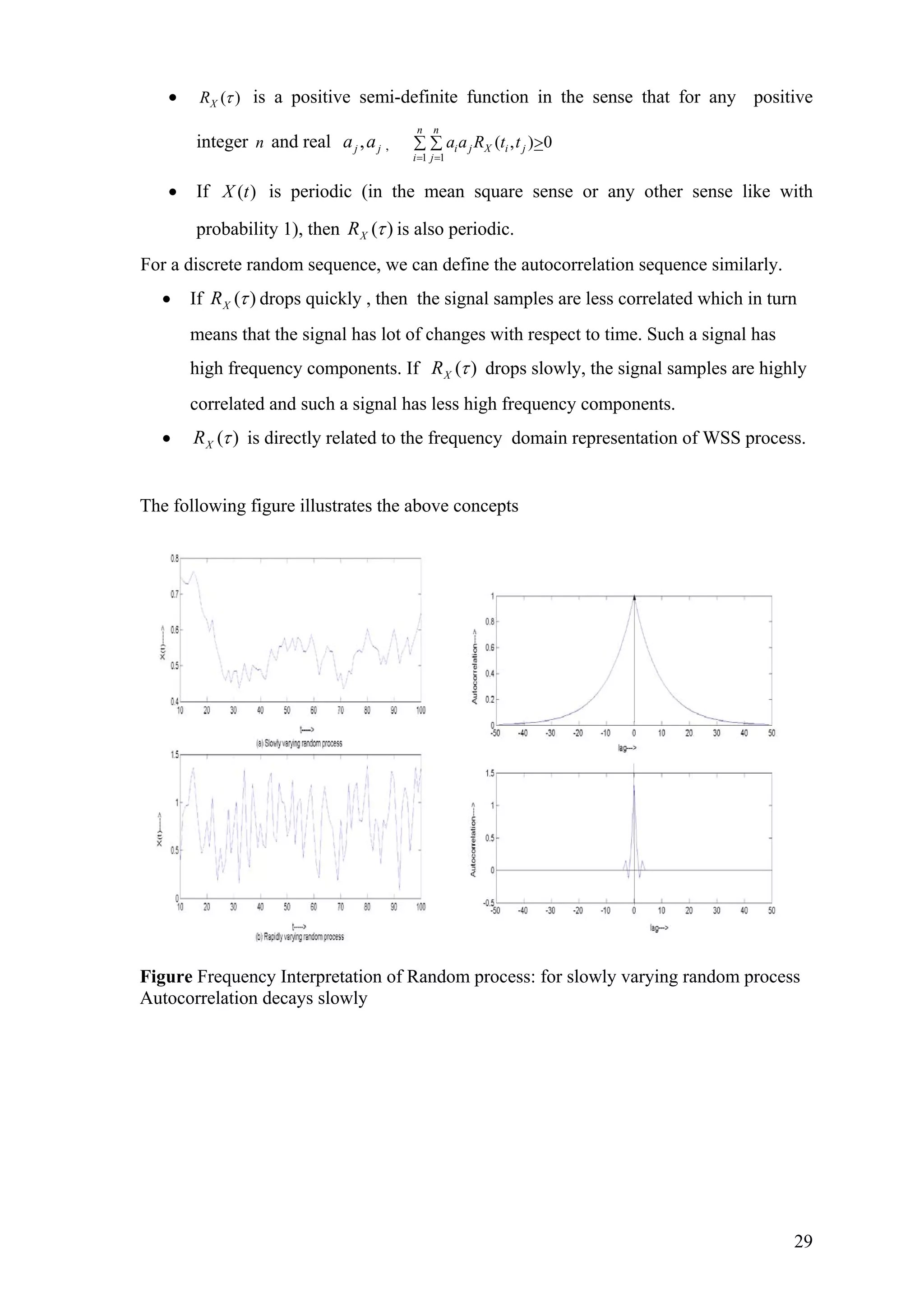 • ( )XR τ is a positive semi-definite function in the sense that for any positive
integer and realn jj aa , ,
1 1
( , ) 0
n n
i j X i j
i j
a a R t t
= =
>∑ ∑
• If is periodic (in the mean square sense or any other sense like with
probability 1), then
)(tX
)(τXR is also periodic.
For a discrete random sequence, we can define the autocorrelation sequence similarly.
• If )(τXR drops quickly , then the signal samples are less correlated which in turn
means that the signal has lot of changes with respect to time. Such a signal has
high frequency components. If )(τXR drops slowly, the signal samples are highly
correlated and such a signal has less high frequency components.
• )(τXR is directly related to the frequency domain representation of WSS process.
The following figure illustrates the above concepts
Figure Frequency Interpretation of Random process: for slowly varying random process
Autocorrelation decays slowly
29
 