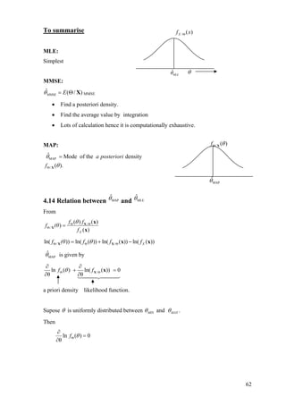 To summarise
MLE:
Simplest
MMSE:
ˆ ( / )MMSE Eθ = Θ X MMSE
/ ( )Xf xΘ
θˆ
MLEθ
• Find a posteriori density.
• Find the average value by integration
• Lots of calculation hence it is computationally exhaustive.
MAP:
MAP
/
ˆ Mode of the density
( ).
a posteriori
f
θ
θΘ
=
X
4.14 Relation between andMAP
ˆθ MLE
ˆθ
From
/
/
( ) ( )
)
( )X
f f
f (θ
f
θΘ Θ
Θ = X
X
x
x
/ /ln( )) ln( ( )) ln( ( )) ln( ( ))Xf (θ f f fθΘ Θ Θ= + −X X x x
is given byMAP
ˆθ
/ln ( ) ln( ( )) 0
θ θ
f fθΘ Θ
∂ ∂
+ =
∂ ∂
X x
a priori density likelihood function.
Supose θ is uniformly distributed between and .MIN MAXθ θ
Then
ln ( ) 0
θ
f θΘ
∂
=
∂
MAP
ˆθ
/ ( )f θΘ X
62
 