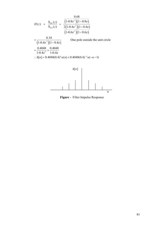 ( )( )
( )( )
( )( )
( )( )
-1
XY
-1
YY
-1
-1
-1
0.68
1-0.8z 1 0.8zS ( )
( )
S ( ) 2 1-0.4z 1 0.4z
1-0.6z 1 0.6z
0.34
One pole outside the unit circle
1-0.4z 1 0.4z
0.4048 0.4048
1-0.4z 1-0.4z
[ ] 0.4048(0.4) ( ) 0.4048(0.4) (n n
z
H z
z
h n u n u−
−
= =
−
−
=
−
= +
∴ = + − 1)n −
[ ]h n
n
Figure - Filter Impulse Response
81
 