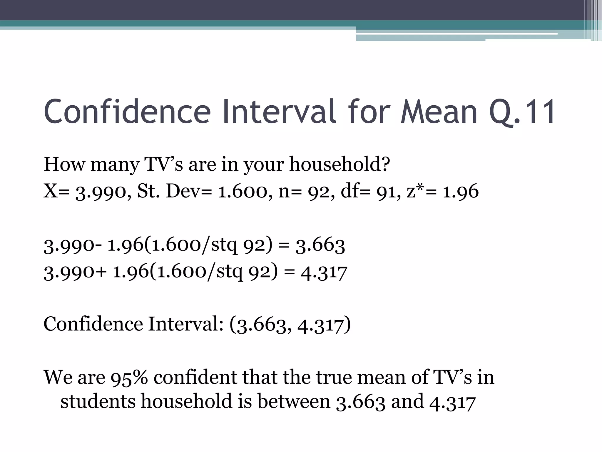 Confidence Interval for Mean Q.11How many TV’s are in your household?X= 3.990, St. Dev= 1.600, n= 92, df= 91, z*= 1.963.990- 1.96(1.600/stq 92) = 3.6633.990+ 1.96(1.600/stq 92) = 4.317Confidence Interval: (3.663, 4.317)We are 95% confident that the true mean of TV’s in students household is between 3.663 and 4.317