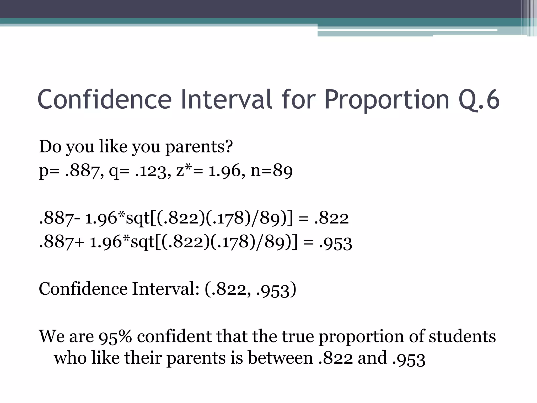 Confidence Interval for Proportion Q.6Do you like you parents? p= .887, q= .123, z*= 1.96, n=89.887- 1.96*sqt[(.822)(.178)/89)] = .822.887+ 1.96*sqt[(.822)(.178)/89)] = .953Confidence Interval: (.822, .953)We are 95% confident that the true proportion of students who like their parents is between .822 and .953