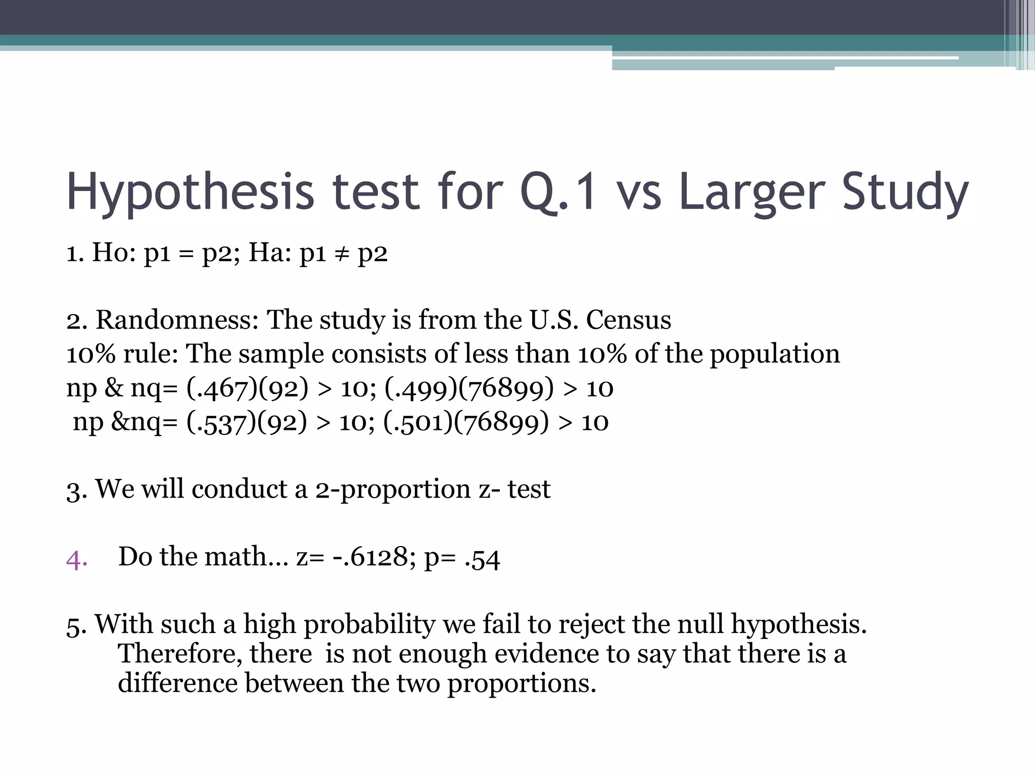 Hypothesis test for Q.1 vs Larger Study1. Ho: p1 = p2; Ha: p1 ≠ p22. Randomness: The study is from the U.S. Census10% rule: The sample consists of less than 10% of the populationnp & nq= (.467)(92) > 10; (.499)(76899) > 10np &nq= (.537)(92) > 10; (.501)(76899) > 103. We will conduct a 2-proportion z- testDo the math… z= -.6128; p= .545. With such a high probability we fail to reject the null hypothesis. Therefore, there  is not enough evidence to say that there is a difference between the two proportions.
