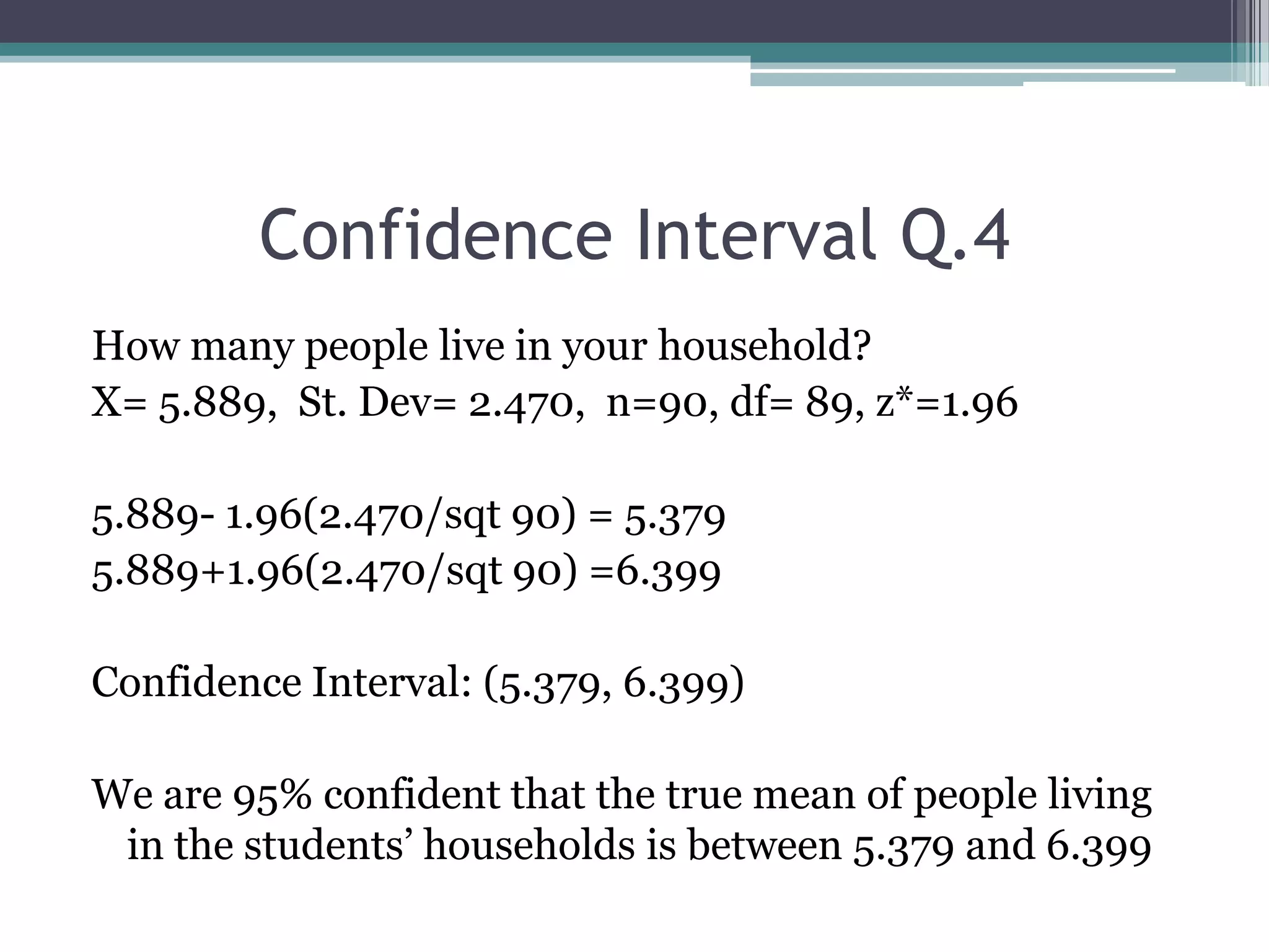 Confidence Interval Q.4How many people live in your household?X= 5.889,  St. Dev= 2.470,  n=90, df= 89, z*=1.965.889- 1.96(2.470/sqt 90) = 5.3795.889+1.96(2.470/sqt 90) =6.399Confidence Interval: (5.379, 6.399)We are 95% confident that the true mean of people living in the students’ households is between 5.379 and 6.399