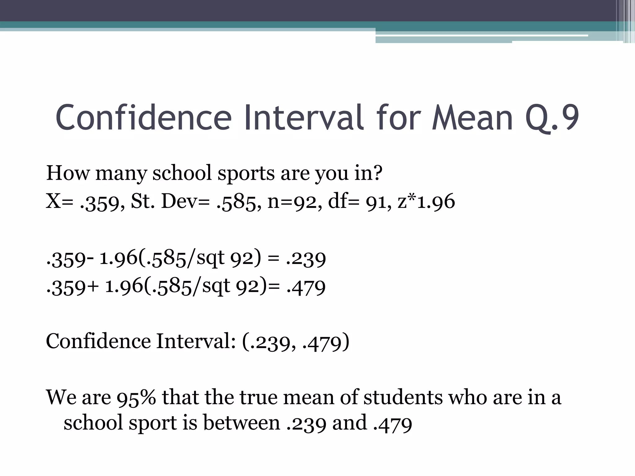 Confidence Interval for Mean Q.9How many school sports are you in?X= .359, St. Dev= .585, n=92, df= 91, z*1.96.359- 1.96(.585/sqt 92) = .239.359+ 1.96(.585/sqt 92)= .479Confidence Interval: (.239, .479)We are 95% that the true mean of students who are in a school sport is between .239 and .479