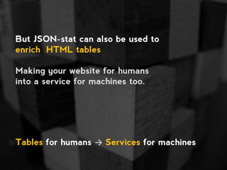 But JSON-stat can also be used to
enrich HTML tables
Making your website for humans
into a service for machines too.
Table...