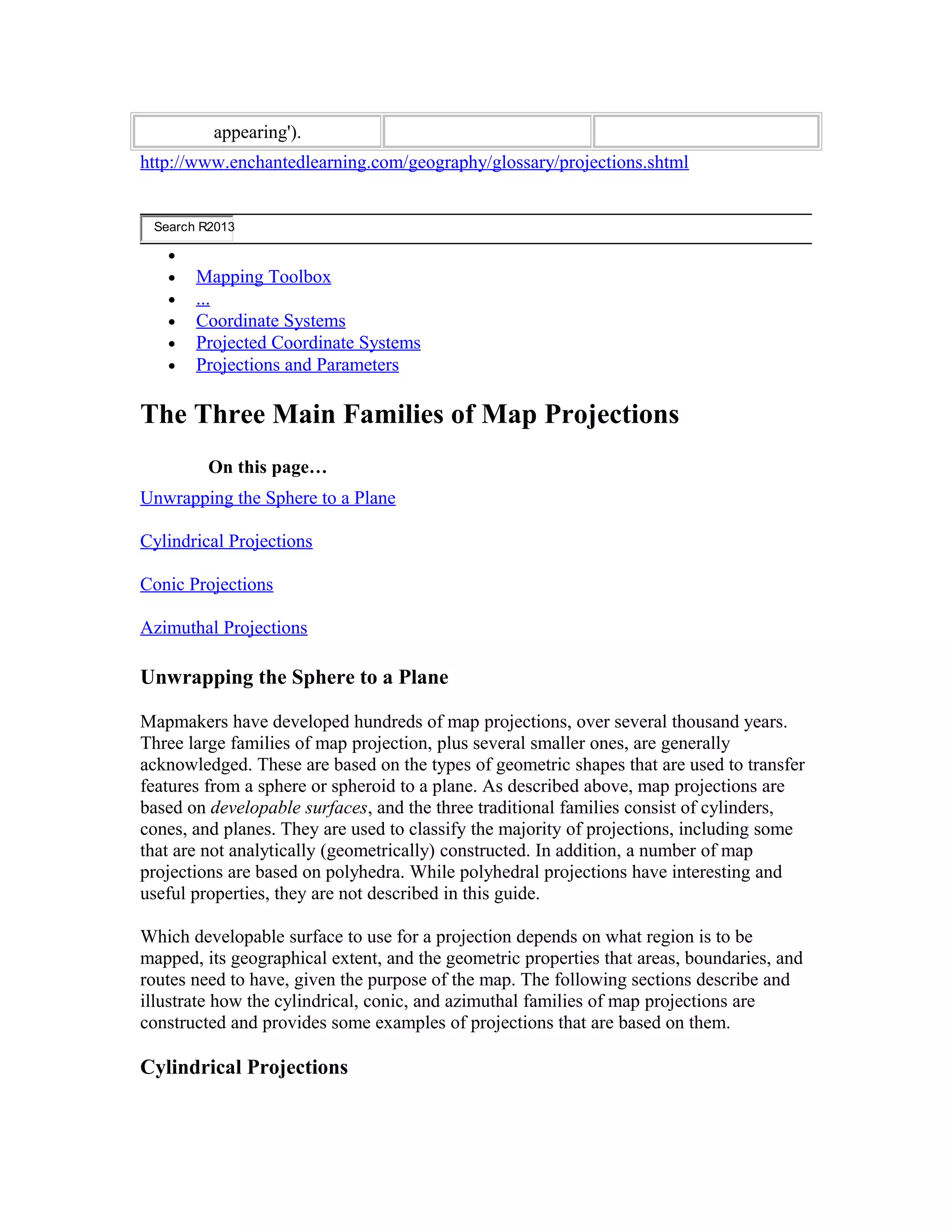 appearing'). 
http://www.enchantedlearning.com/geography/glossary/projections.shtml 
Search R2013 
· 
· Mapping Toolbox 
· .. . 
· Coordinate Systems 
· Projected Coordinate Systems 
· Projections and Parameters 
The Three Main Families of Map Projections 
On this page… 
Unwrapping the Sphere to a Plane 
Cylindrical Projections 
Conic Projections 
Azimuthal Projections 
Unwrapping the Sphere to a Plane 
Mapmakers have developed hundreds of map projections, over several thousand years. 
Three large families of map projection, plus several smaller ones, are generally 
acknowledged. These are based on the types of geometric shapes that are used to transfer 
features from a sphere or spheroid to a plane. As described above, map projections are 
based on developable surfaces, and the three traditional families consist of cylinders, 
cones, and planes. They are used to classify the majority of projections, including some 
that are not analytically (geometrically) constructed. In addition, a number of map 
projections are based on polyhedra. While polyhedral projections have interesting and 
useful properties, they are not described in this guide. 
Which developable surface to use for a projection depends on what region is to be 
mapped, its geographical extent, and the geometric properties that areas, boundaries, and 
routes need to have, given the purpose of the map. The following sections describe and 
illustrate how the cylindrical, conic, and azimuthal families of map projections are 
constructed and provides some examples of projections that are based on them. 
Cylindrical Projections 
 