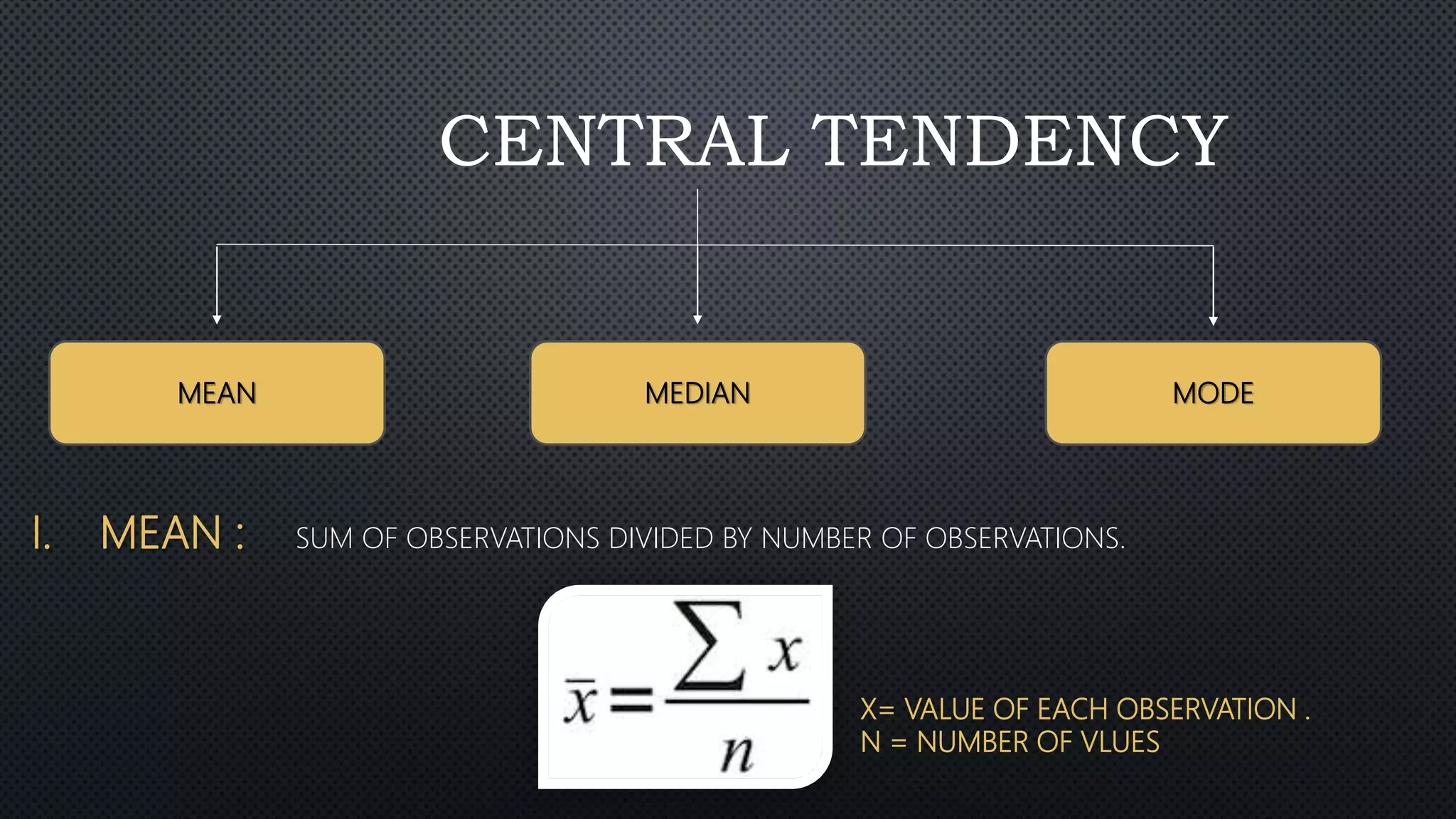 MEDIAN MODE
MEAN
CENTRAL TENDENCY
I. MEAN : SUM OF OBSERVATIONS DIVIDED BY NUMBER OF OBSERVATIONS.
X= VALUE OF EACH OBSERVATION .
N = NUMBER OF VLUES
 