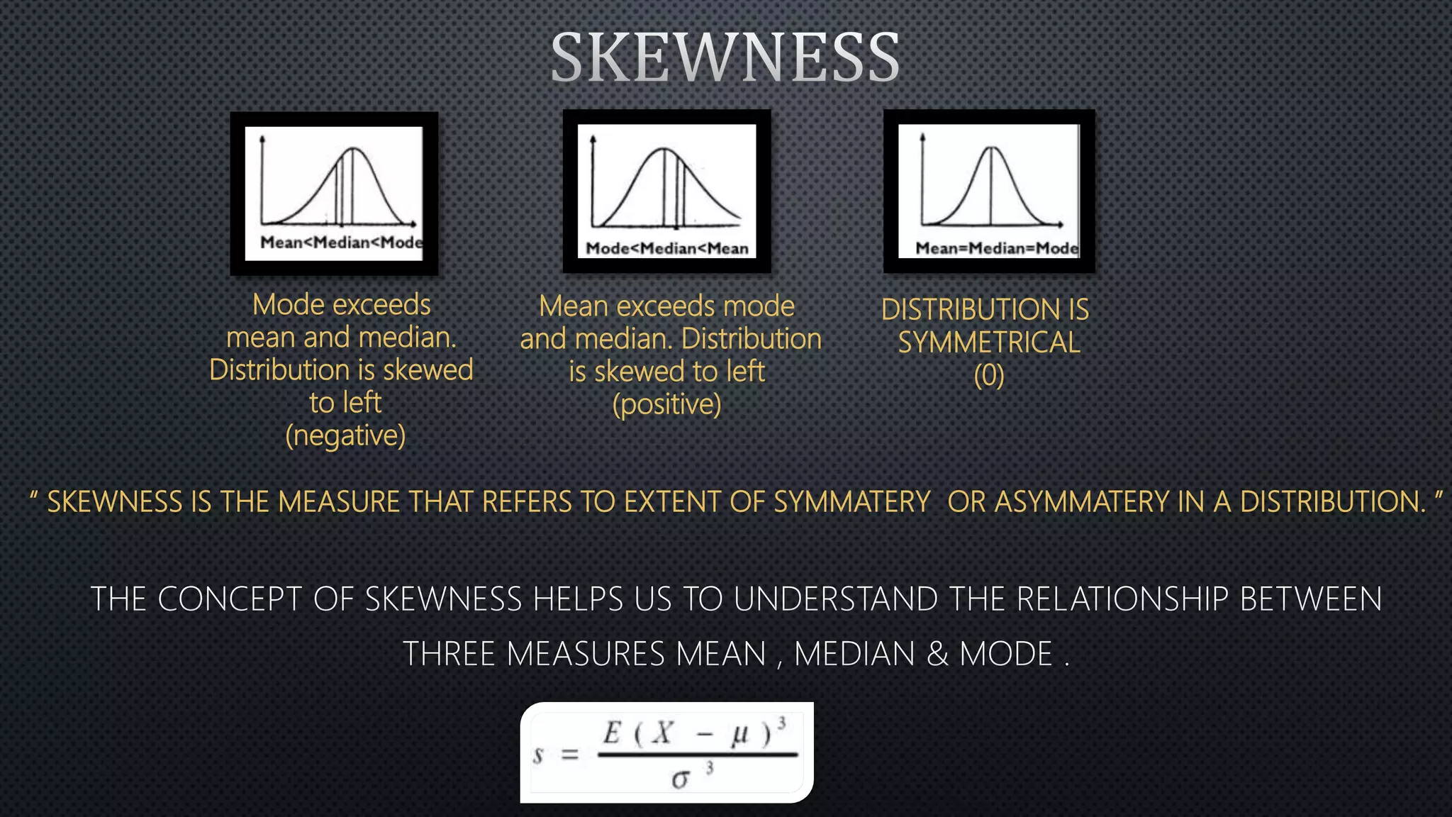 “ SKEWNESS IS THE MEASURE THAT REFERS TO EXTENT OF SYMMATERY OR ASYMMATERY IN A DISTRIBUTION. ”
Mode exceeds
mean and median.
Distribution is skewed
to left
(negative)
Mean exceeds mode
and median. Distribution
is skewed to left
(positive)
DISTRIBUTION IS
SYMMETRICAL
(0)
 