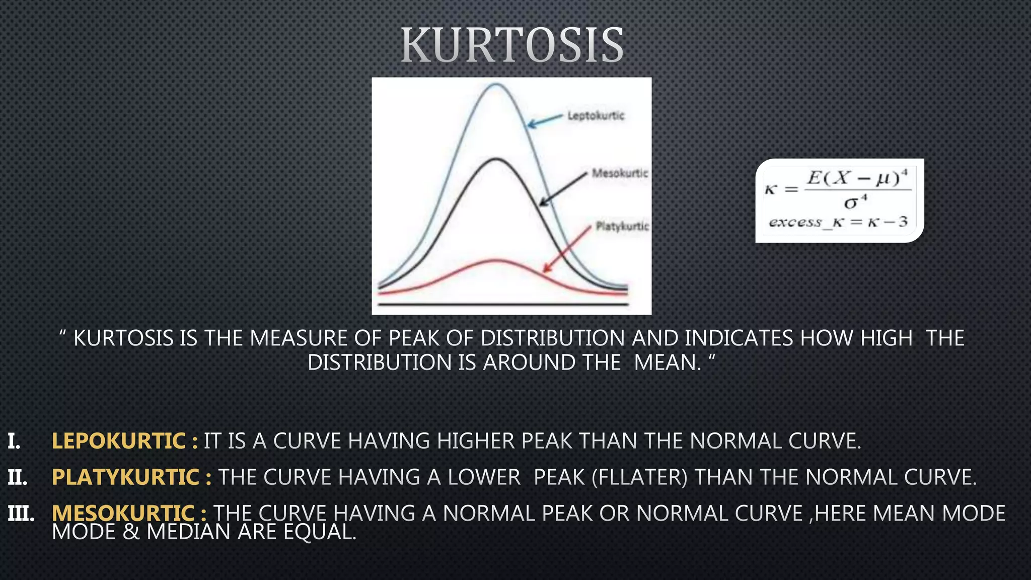 I. LEPOKURTIC :
II. PLATYKURTIC :
III. MESOKURTIC :
 