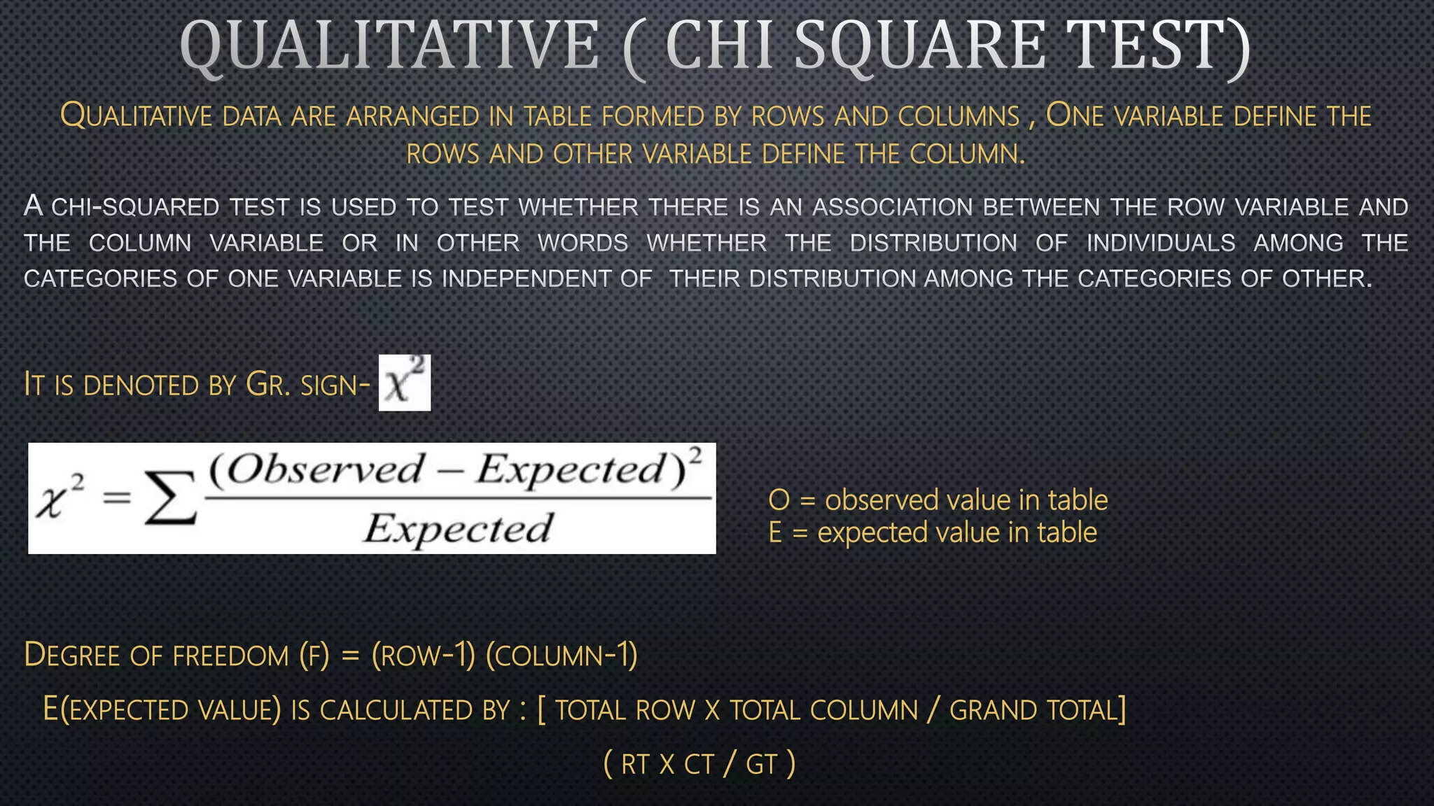 QUALITATIVE DATA ARE ARRANGED IN TABLE FORMED BY ROWS AND COLUMNS , ONE VARIABLE DEFINE THE
ROWS AND OTHER VARIABLE DEFINE THE COLUMN.
IT IS DENOTED BY GR. SIGN-
DEGREE OF FREEDOM (F) = (ROW-1) (COLUMN-1)
E(EXPECTED VALUE) IS CALCULATED BY : [ TOTAL ROW X TOTAL COLUMN / GRAND TOTAL]
( RT X CT / GT )
O = observed value in table
E = expected value in table
 