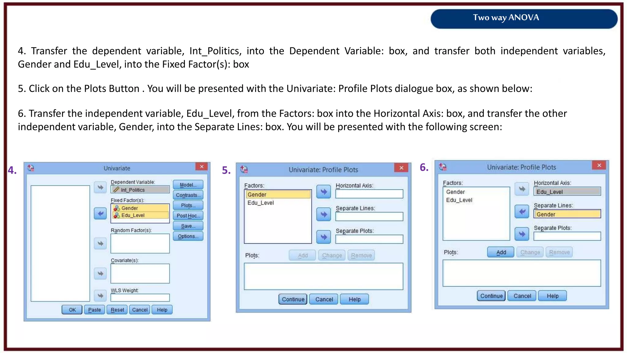 Two way ANOVA
4. Transfer the dependent variable, Int_Politics, into the Dependent Variable: box, and transfer both independent variables,
Gender and Edu_Level, into the Fixed Factor(s): box
4. 5.
5. Click on the Plots Button . You will be presented with the Univariate: Profile Plots dialogue box, as shown below:
6. Transfer the independent variable, Edu_Level, from the Factors: box into the Horizontal Axis: box, and transfer the other
independent variable, Gender, into the Separate Lines: box. You will be presented with the following screen:
6.
 