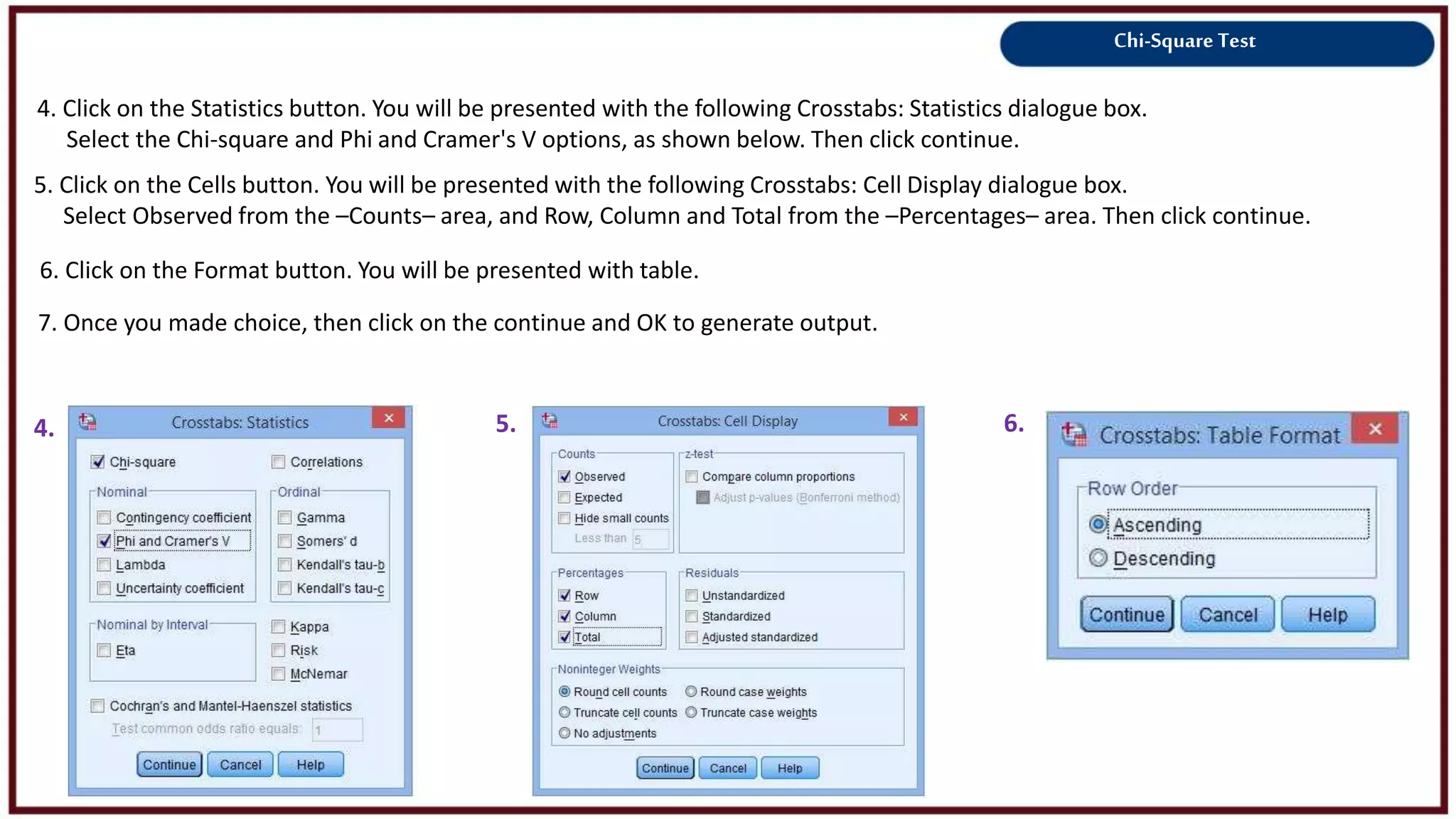 Chi-Square Test
6. Click on the Format button. You will be presented with table.
4.
5. Click on the Cells button. You will be presented with the following Crosstabs: Cell Display dialogue box.
Select Observed from the –Counts– area, and Row, Column and Total from the –Percentages– area. Then click continue.
6.5.
4. Click on the Statistics button. You will be presented with the following Crosstabs: Statistics dialogue box.
Select the Chi-square and Phi and Cramer's V options, as shown below. Then click continue.
7. Once you made choice, then click on the continue and OK to generate output.
 