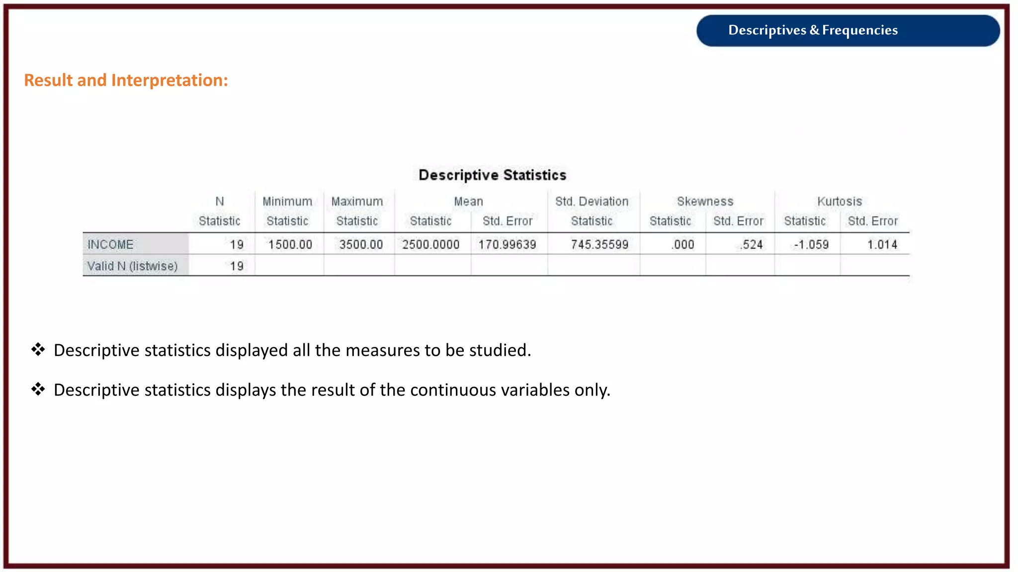 Descriptives &Frequencies
Result and Interpretation:
 Descriptive statistics displayed all the measures to be studied.
 Descriptive statistics displays the result of the continuous variables only.
 