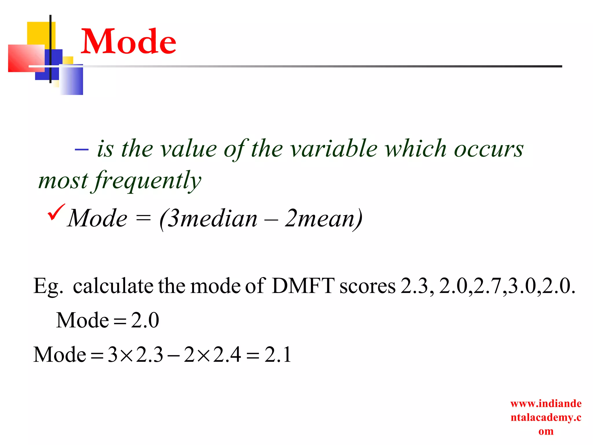 www.indiande
ntalacademy.c
om
Mode
– is the value of the variable which occurs
most frequently
Mode = (3median – 2mean)
1.24.222.33Mode
2.0Mode
0,2.0.2.0,2.7,3.2.3,scoresDMFTofmodethecalculateEg.
=×−×=
=
 
